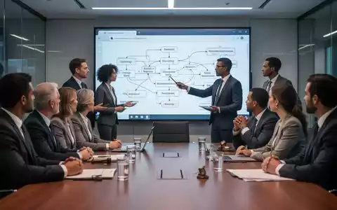 Eine Gruppe von Geschäftsleuten diskutiert in einem modernen Konferenzraum, während eine Person auf ein komplexes Flussdiagramm zeigt. - Foto: über boerse-global.de