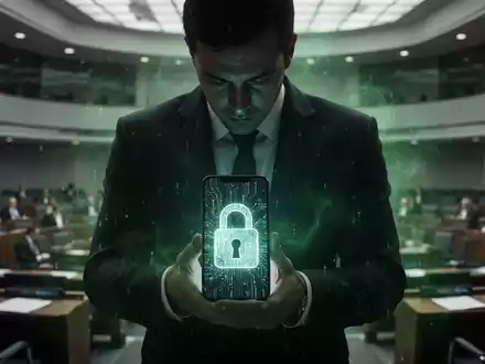 Eine schattenhafte Figur hält ein Smartphone mit einem leuchtenden, abstrakten digitalen Schloss-Symbol, umgeben von einem grünen digitalen Dunst. - Foto: über boerse-global.de
