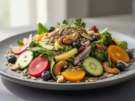 Ein farbenfroher, gesunder pflanzlicher Salat mit Gemüse, Obst, Nüssen und Samen, ansprechend auf einem modernen Teller arrangiert. - Foto: über boerse-global.de