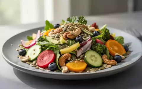 Ein farbenfroher, gesunder pflanzlicher Salat mit Gemüse, Obst, Nüssen und Samen, ansprechend auf einem modernen Teller arrangiert. - Foto: über boerse-global.de