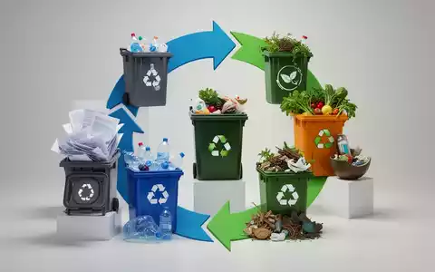 Eine grafische Darstellung der Kreislaufwirtschaft mit Pfeilen, die eine Schleife um verschiedene Mülltonnen und Recyclingmaterialien bilden. - Foto: über boerse-global.de