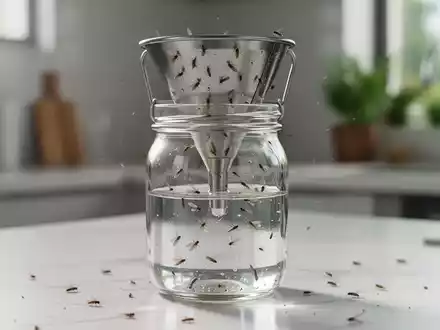 Nahaufnahme einer Fruchtfliegenfalle in einem Glas mit Trichter, umgeben von Pflanzen, die eine natürliche Schädlingsbekämpfung symbolisiert. - Foto: über boerse-global.de