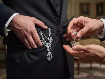 Nahaufnahme einer Hand, die heimlich eine wertvolle Halskette in eine Tasche gleiten lässt, während eine andere Hand mit einem gefälschten Schmuckstück ablenkt. - Foto: über boerse-global.de