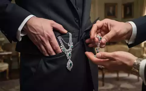 Nahaufnahme einer Hand, die heimlich eine wertvolle Halskette in eine Tasche gleiten lässt, während eine andere Hand mit einem gefälschten Schmuckstück ablenkt. - Foto: über boerse-global.de