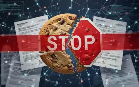 Eine stilisierte, fragmentierte Cookie-Grafik auf einem digitalen Bildschirm, teilweise verdeckt von einem roten Stoppschild. - Foto: über boerse-global.de