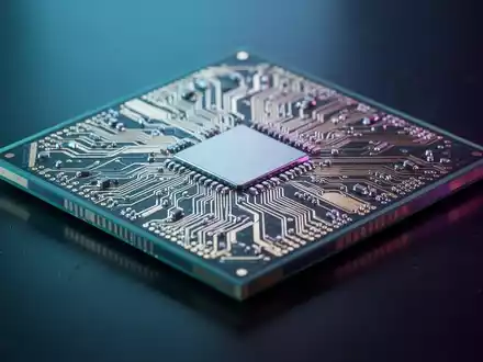 Nahaufnahme einer CPU mit filigranen Gold- und Silberleiterbahnen, Spiegelung auf dunkler Oberfläche, unter blau-violettem Licht. - Foto: über boerse-global.de