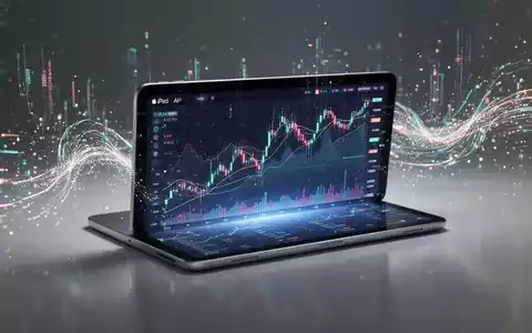 Schlankes Apple iPad Air mit leuchtendem Bildschirm, der ein Finanzdiagramm zeigt, umgeben von abstrakten digitalen Datenströmen. - Foto: über boerse-global.de
