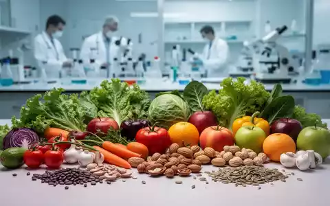 Eine Auswahl an frischen, pflanzlichen Lebensmitteln auf einem Tisch, mit einem medizinischen Labor im unscharfen Hintergrund. - Foto: über boerse-global.de