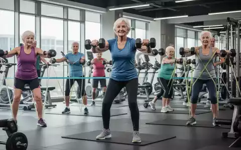 Ältere und mittelalte Erwachsene trainieren mit Hanteln und Widerstandsbändern in einem modernen Fitnessstudio, Fokus auf Muskelaufbau und Gesundheit. - Foto: über boerse-global.de
