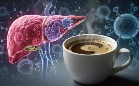 Eine dampfende Tasse Kaffee vor einem unscharfen Hintergrund mit abstrakten wissenschaftlichen Grafiken, die Lebergesundheit darstellen. - Foto: über boerse-global.de