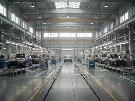 Eine leere, moderne Autofabrik mit stillstehenden Produktionslinien, die Unsicherheit und potenzielle Werksschließungen symbolisiert. - Foto: über boerse-global.de
