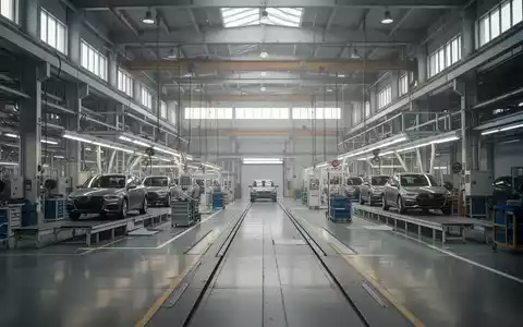 Eine leere, moderne Autofabrik mit stillstehenden Produktionslinien, die Unsicherheit und potenzielle Werksschließungen symbolisiert. - Foto: über boerse-global.de