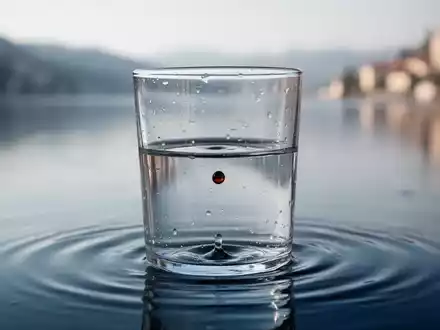 Ein Glas Wasser mit einem fallenden Tropfen, im Hintergrund ein unscharfer See, symbolisiert Wasserqualität und mögliche Verunreinigung. - Foto: über boerse-global.de