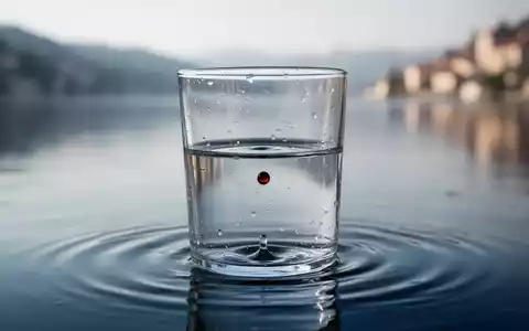 Ein Glas Wasser mit einem fallenden Tropfen, im Hintergrund ein unscharfer See, symbolisiert Wasserqualität und mögliche Verunreinigung. - Foto: über boerse-global.de