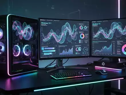 Nahaufnahme eines modernen Gaming-PCs mit lebhafter RGB-Beleuchtung und zwei Monitoren, die farbenfrohe Datencharts und Grafiken anzeigen. - Foto: über boerse-global.de
