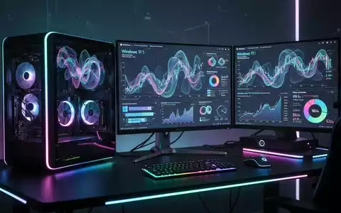 Nahaufnahme eines modernen Gaming-PCs mit lebhafter RGB-Beleuchtung und zwei Monitoren, die farbenfrohe Datencharts und Grafiken anzeigen. - Foto: über boerse-global.de