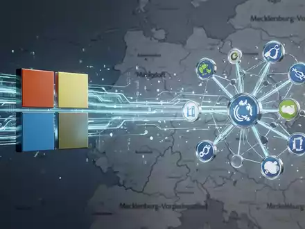 Digitale Daten bewegen sich von einem Microsoft-Logo zu Open-Source-Symbolen über einer Karte von Mecklenburg-Vorpommern. - Foto: über boerse-global.de