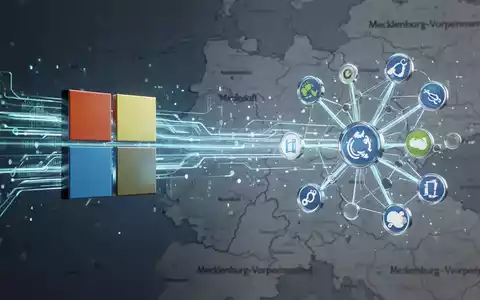 Digitale Daten bewegen sich von einem Microsoft-Logo zu Open-Source-Symbolen über einer Karte von Mecklenburg-Vorpommern. - Foto: über boerse-global.de
