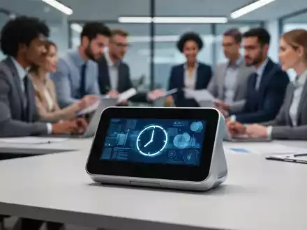 Eine moderne Zeiterfassungsuhr auf einem Schreibtisch mit unscharfen Büroangestellten im Hintergrund, die Digitalisierung der Arbeitszeiterfassung darstellend. - Foto: über boerse-global.de