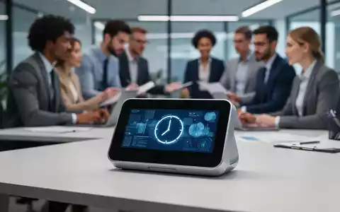 Eine moderne Zeiterfassungsuhr auf einem Schreibtisch mit unscharfen Büroangestellten im Hintergrund, die Digitalisierung der Arbeitszeiterfassung darstellend. - Foto: über boerse-global.de