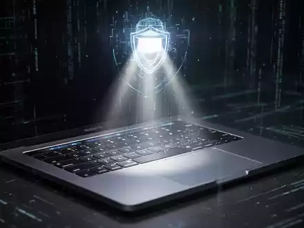 Ein leuchtender digitaler Scheinwerfer beleuchtet die Tastatur eines modernen MacBook Pro und symbolisiert erweiterte Bedrohungserkennung und Sicherheit für macOS-Umgebungen. - Foto: über boerse-global.de
