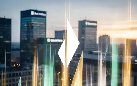 Abstrakte, atmosphärische Szene, die starkes Wachstum im europäischen Bankensektor darstellt. Dynamische Lichtstreifen steigen durch eine Stadtlandschaft im Morgengrauen auf. - Foto: über boerse-global.de