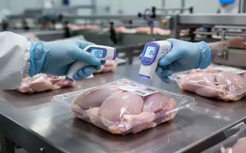Nahaufnahme einer behandschuhten Hand, die mit einem digitalen Thermometer die Temperatur von verpacktem rohen Hähnchen überprüft. - Foto: über boerse-global.de