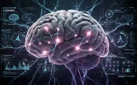 Nahaufnahme eines Gehirns mit leuchtenden neuronalen Pfaden und digitalen Schnittstellen, die virtuelle Belohnungen und Dopaminreaktionen darstellen. - Foto: über boerse-global.de