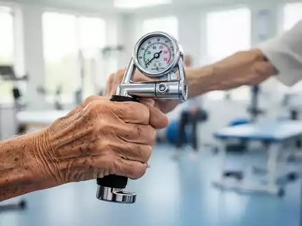 Eine Nahaufnahme der Hand einer älteren Person, die einen Handdynamometer fest greift und eine hohe Kraftanzeige zeigt. - Foto: über boerse-global.de