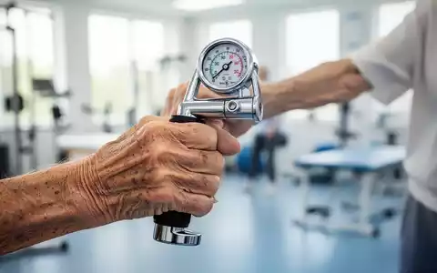 Eine Nahaufnahme der Hand einer älteren Person, die einen Handdynamometer fest greift und eine hohe Kraftanzeige zeigt. - Foto: über boerse-global.de