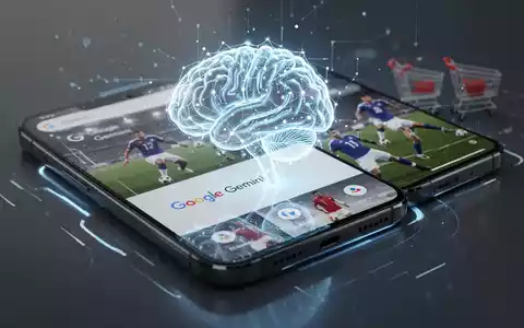 Stilisierte KI-Gehirn-Ikone auf Smartphone-Bildschirm mit Google Gemini-Oberfläche, subtile Reflexionen von Sport und Handel. - Foto: über boerse-global.de