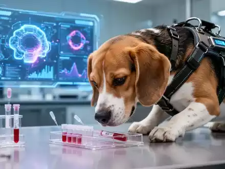 Ein Spürhund schnüffelt in einem Labor an einer Probe, im Hintergrund verschwommen eine digitale Anzeige mit Datenvisualisierungen. - Foto: über boerse-global.de