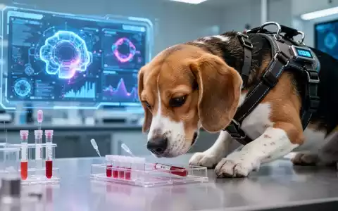 Ein Spürhund schnüffelt in einem Labor an einer Probe, im Hintergrund verschwommen eine digitale Anzeige mit Datenvisualisierungen. - Foto: über boerse-global.de