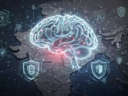 Leuchtendes neuronales Netz über Indienkarte mit digitalen Sicherheitsschildern, symbolisiert KI-Lernen und Cybersicherheit. - Foto: über boerse-global.de