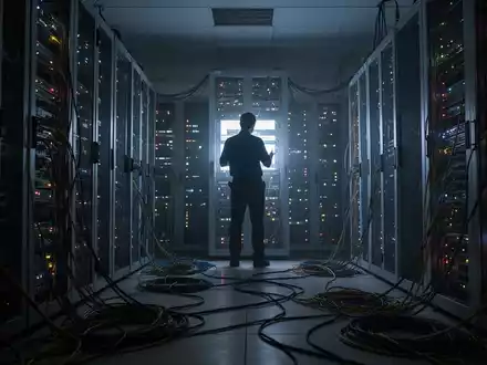 Dunkler Serverraum mit Silhouette eines Technikers, symbolisiert IT-Ausfälle und Systemstörungen in der Verwaltung. - Foto: über boerse-global.de
