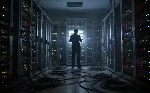Dunkler Serverraum mit Silhouette eines Technikers, symbolisiert IT-Ausfälle und Systemstörungen in der Verwaltung. - Foto: über boerse-global.de
