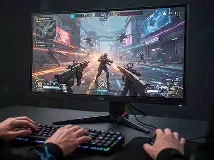 Nahaufnahme eines Gaming-Monitors mit hoher Bildwiederholrate, der ein kompetitives Esports-Spiel zeigt, mit Spiegelungen von Tastatur und Maus. - Foto: über boerse-global.de