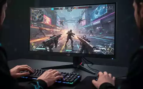 Nahaufnahme eines Gaming-Monitors mit hoher Bildwiederholrate, der ein kompetitives Esports-Spiel zeigt, mit Spiegelungen von Tastatur und Maus. - Foto: ĂŒber boerse-global.de