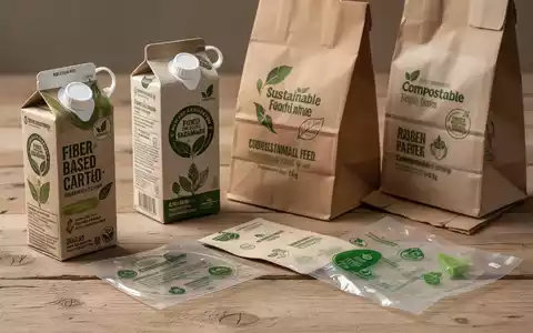 Nahaufnahme verschiedener nachhaltiger Lebensmittelverpackungen aus Faserstoffen, Papier und kompostierbaren Materialien auf einer Holzoberfläche. - Foto: über boerse-global.de