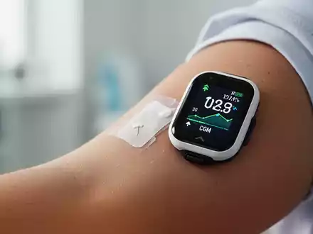 Nahaufnahme eines am Arm befestigten CGM-Geräts, das Glukosewerte und Trendpfeile anzeigt. - Foto: über boerse-global.de