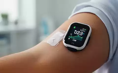 Nahaufnahme eines am Arm befestigten CGM-Geräts, das Glukosewerte und Trendpfeile anzeigt. - Foto: über boerse-global.de
