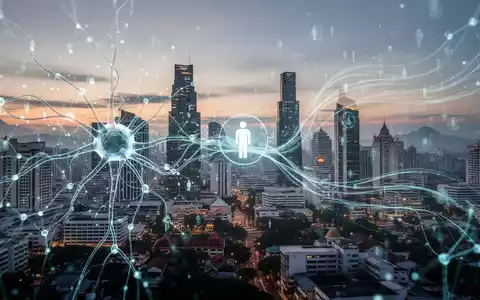 Ein stilisiertes neuronales Netzwerk über einer südostasiatischen Stadtlandschaft bei Sonnenuntergang, das Effizienz und Technologie symbolisiert. - Foto: über boerse-global.de