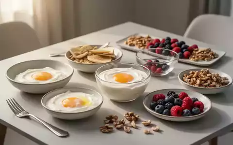 Ein ansprechendes Frühstück mit Eiern, Joghurt, Beeren und Nüssen auf einem modernen Tisch, betont gesunde Ernährung und Gewichtsabnahme. - Foto: über boerse-global.de