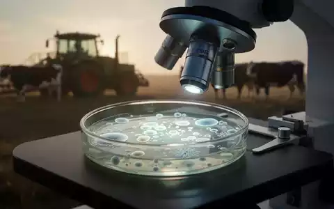 Nahaufnahme einer Petrischale mit leuchtenden Bakterienkolonien unter einem Mikroskop, im Hintergrund unscharfe landwirtschaftliche Motive. - Foto: über boerse-global.de