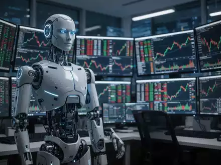 Ein humanoider Roboter steht in einem modernen Finanzbüro, umgeben von Bildschirmen mit Börsendaten. - Foto: über boerse-global.de