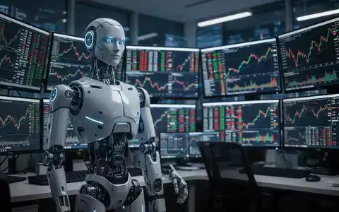 Ein humanoider Roboter steht in einem modernen Finanzbüro, umgeben von Bildschirmen mit Börsendaten. - Foto: über boerse-global.de