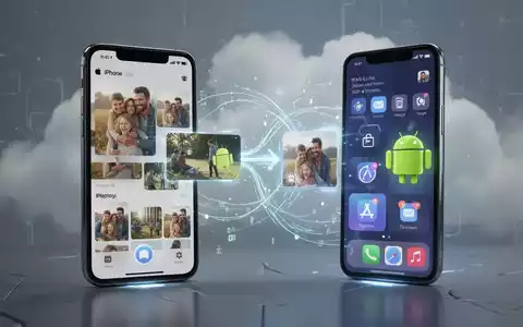 Digitale Illustration eines iPhones und Android-Handys beim Teilen von Fotos, Symbol für plattformübergreifende Kompatibilität und Cloud-Speicher. - Foto: über boerse-global.de