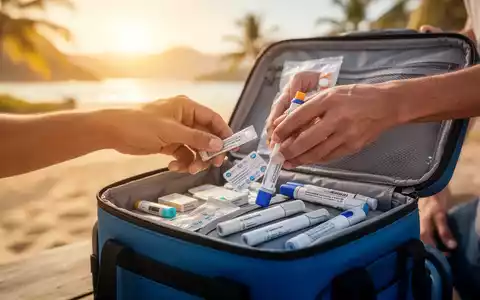 Eine Person mit Diabetes packt Medikamente, darunter Insulin-Pens, sorgfältig in eine Kühltasche für eine Reise. - Foto: über boerse-global.de