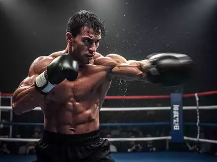 Ein muskulöser Mann im Boxring, der einen Schlag ausführt. Sein Körper ist angespannt, Schweiß glänzt auf seiner Haut. - Foto: über boerse-global.de