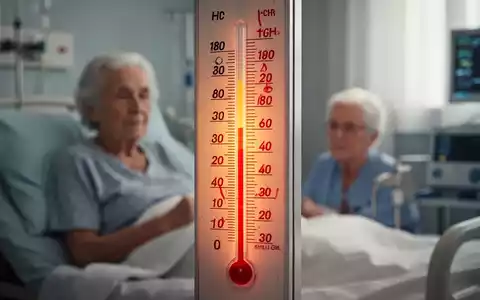 Ein Thermometer zeigt extreme Hitze an, im unscharfen Hintergrund sind medizinische Einrichtungen oder ältere Menschen zu sehen. - Foto: über boerse-global.de